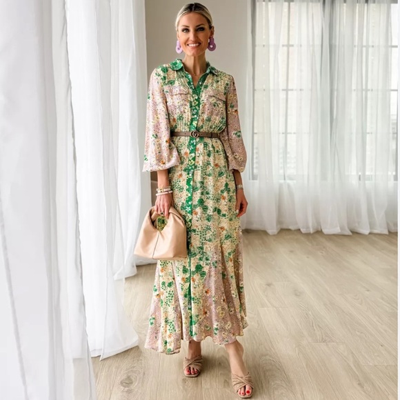 NWOT Stunning Loft Godet Pastel Floral Maxi Shirt Dress Cottagecore Romantic Sm. - Picture 12 of 12